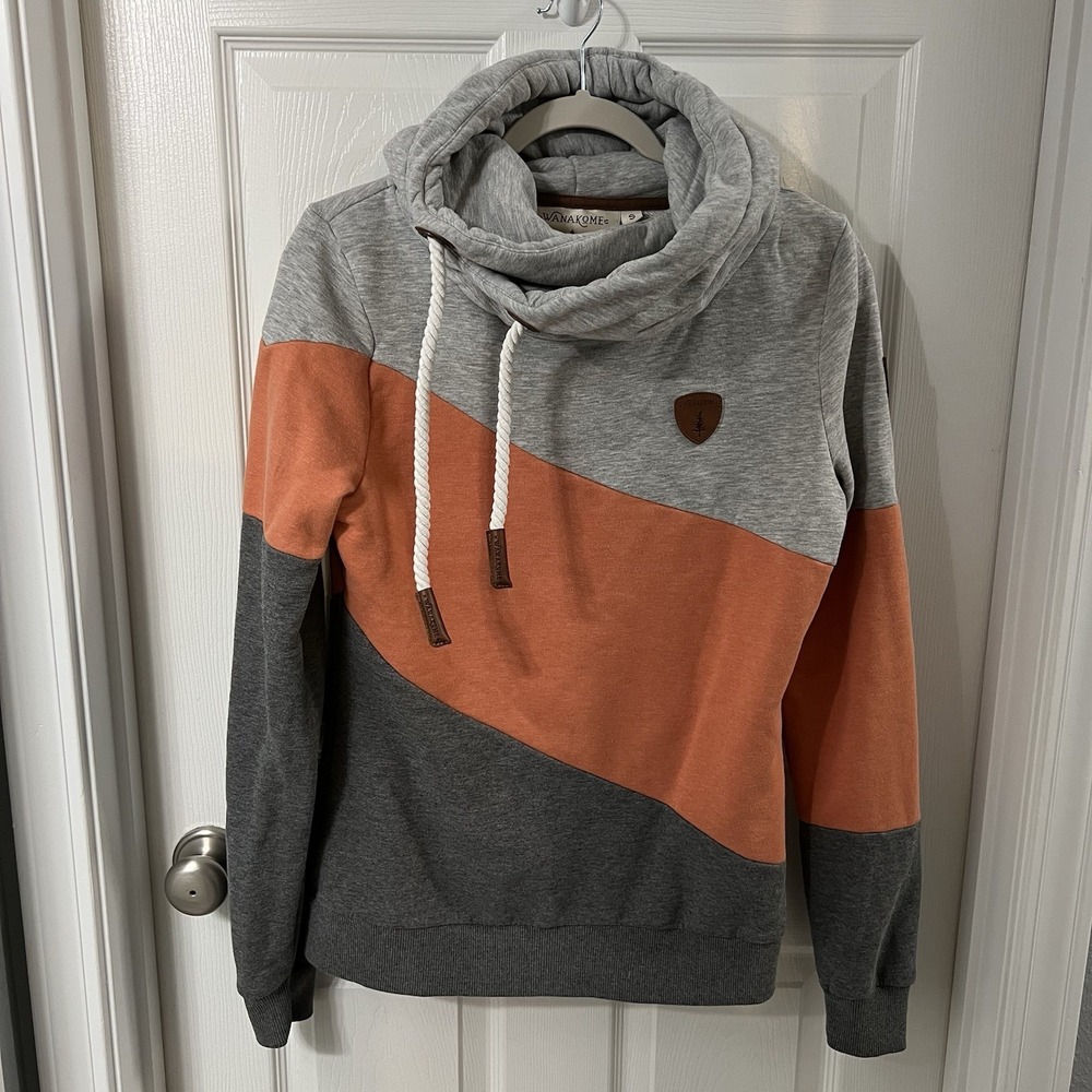 Wanakome Hoodie Cotton Polyester Colorblock Cowl Neck Gorpcore Grey Orange S